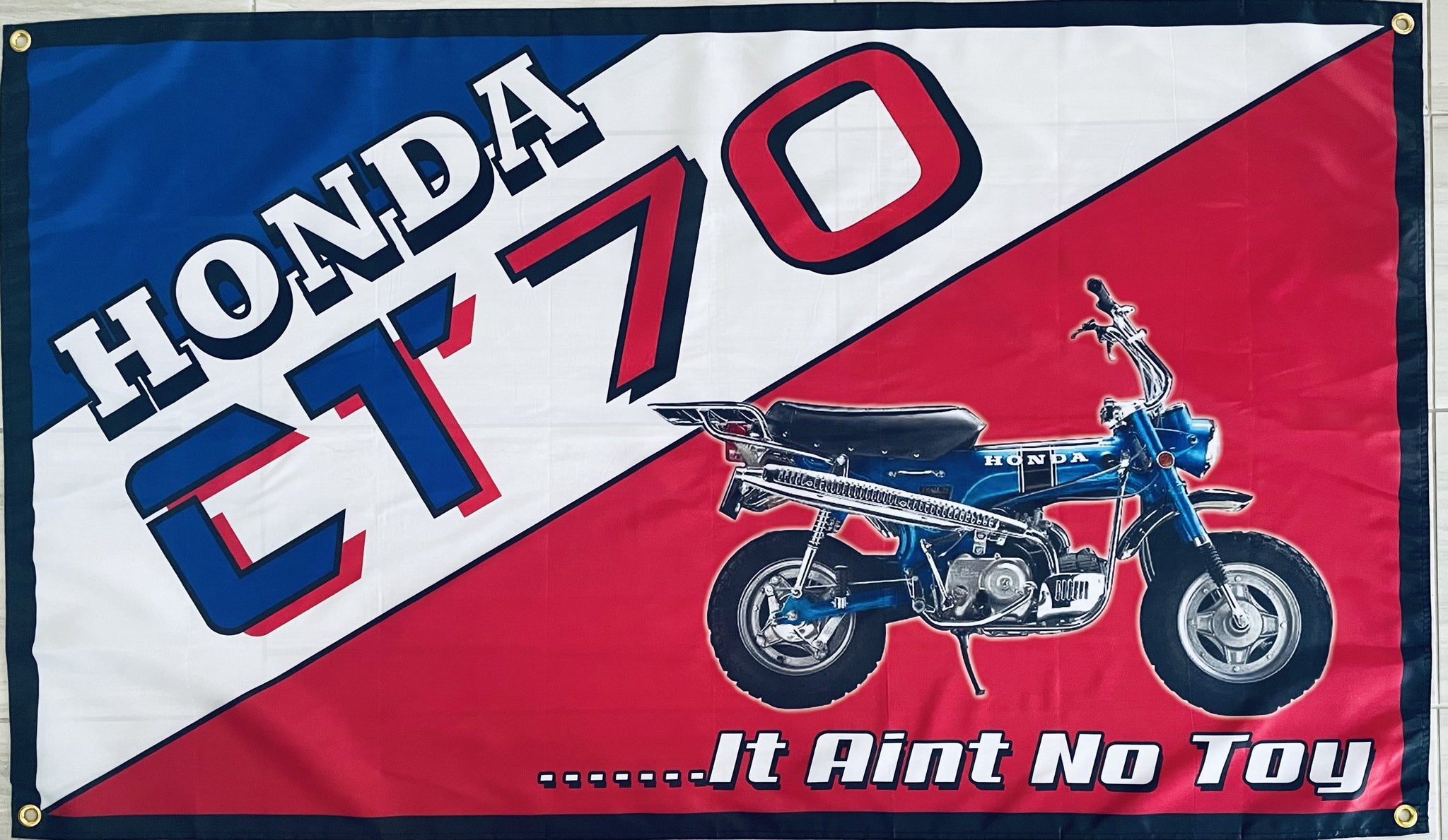 HONDA CT 70 BLUE MOTORCYCLE 3x5ft FLAG BANNER MAN CAVE GARAGE
